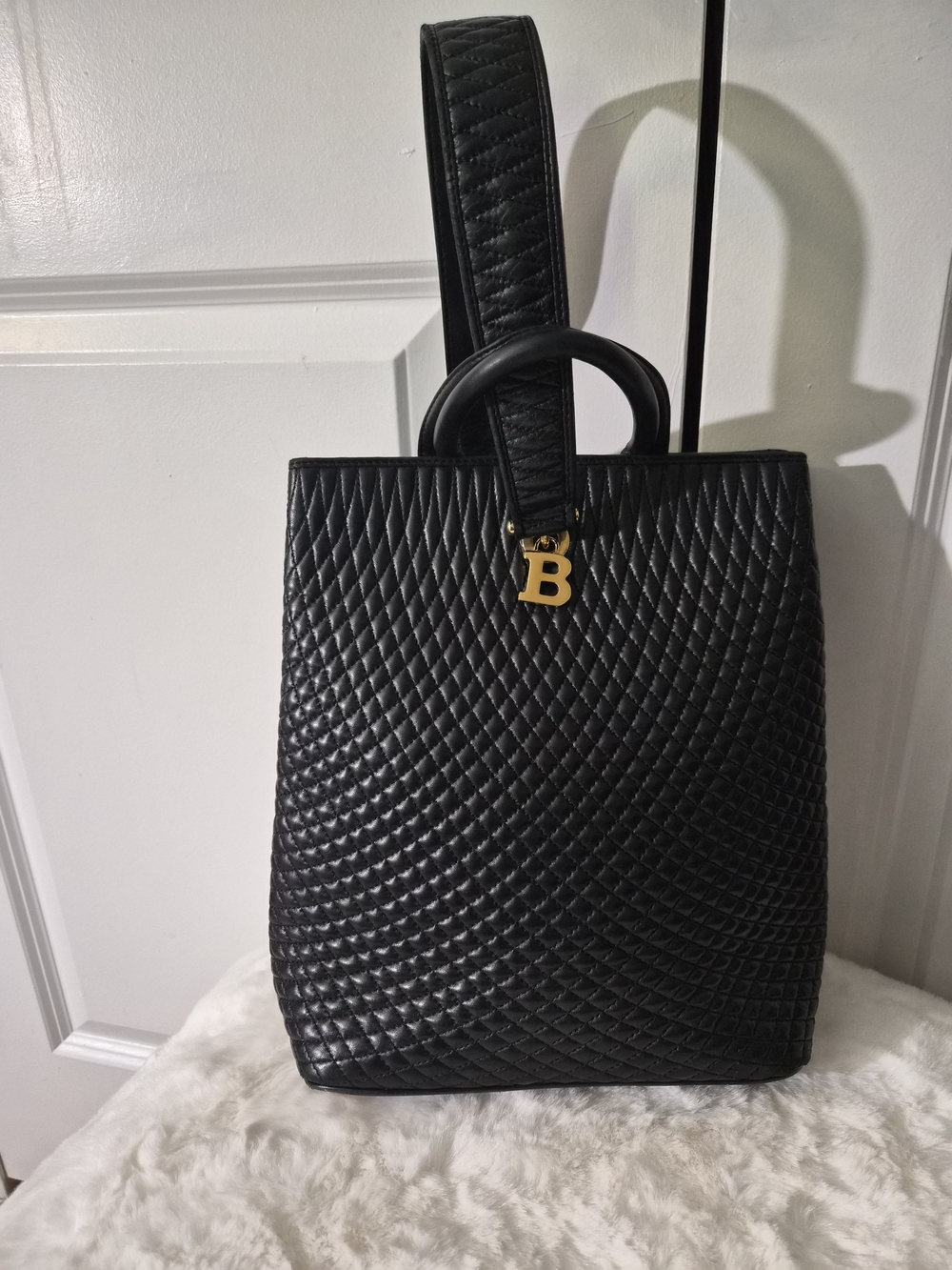 Bally Black Quilted Leather Tote / Sling Bag with Gold 'B' Accent